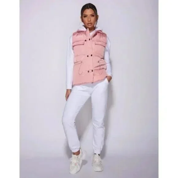 Pink Sleeveless Collared Double Breasted Padded Puffer Jacket Vest Gilet - Picture 4 of 16